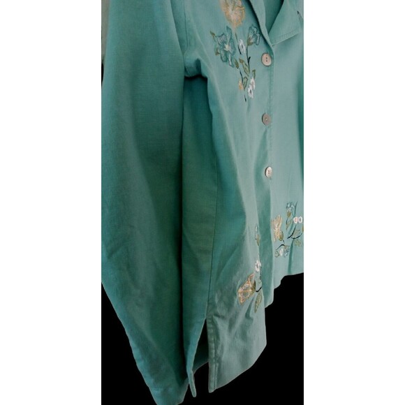 N Touch Jacket Size S AQUA BLUE EMBROIDERED  BEADED FLORAL BUTTON LINEN BLEND - Picture 5 of 9